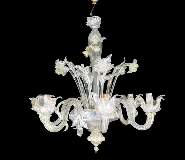 Transparent Murano blown glass chandelier with flowers and leaves, 6 lights