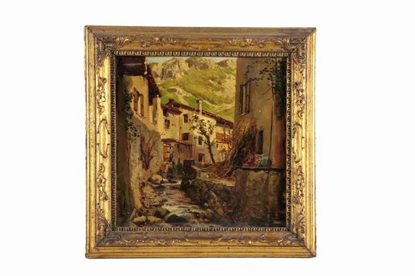 Pittore Lombardo Inizio XX Secolo - "Glimpse of a mountain village" small oil painting on cardboard