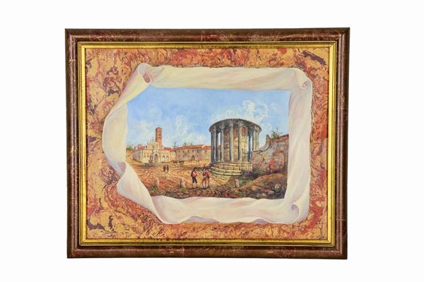 "The Temple of Vesta and the Mouth of Truth" trompe l'oeil blackboard plaque decorated with faux marble