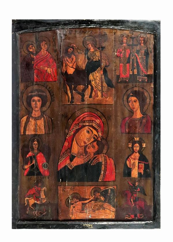Byzantine icon painted on wood "The Virgin and Child with Saints"