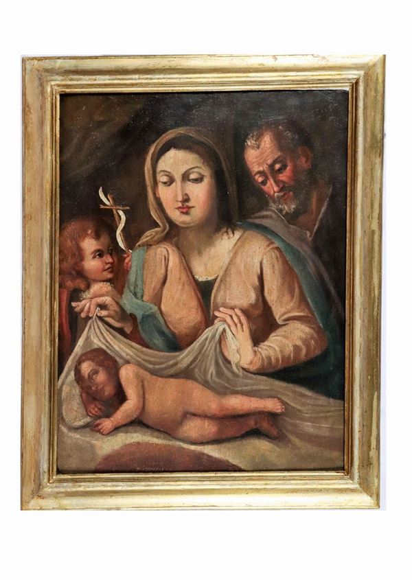 Scuola Italiana Met&#224; XVIII Secolo -  "Holy Family with San Giovannino" oil painting on wood