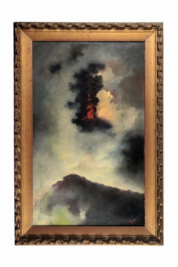 Antonio Coppola - Signed. "The nocturnal eruption of Vesuvius" oil painting on canvas