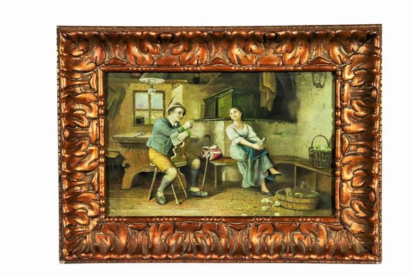 Scuola Italiana Inizio XX Secolo - "Interior of kitchen with gallant scene" small oil painting on copper