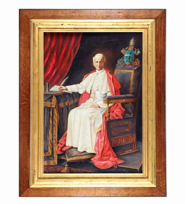 Pittore Italiano XIX Secolo - Signed lower left. "Portrait of Pope Leo XIII Pecci" oil painting on canvas