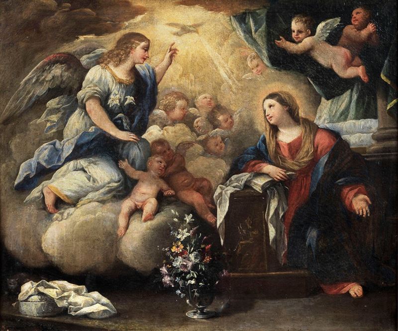 Seguace di. 'L'Annunciazione' dipinto ad olio su tela di ottima esecuzione pittorica