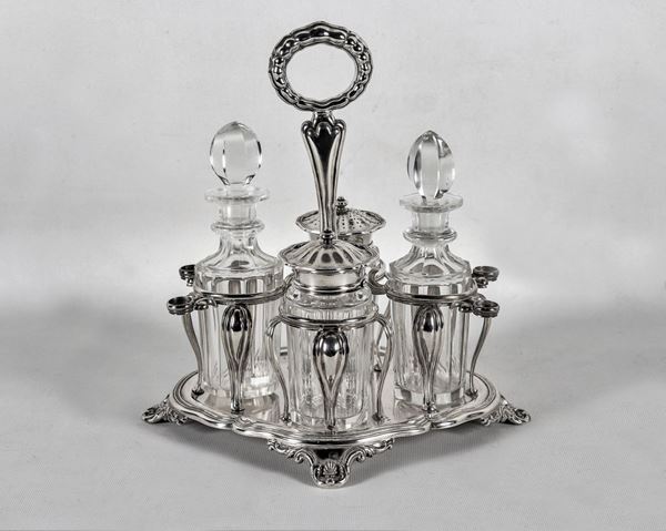 Cruet in chiseled and embossed silver with two ampoules, salt and mustard in crystal gr. 1180