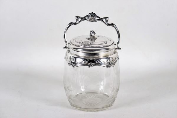 Antique French Liberty biscuit in silver and engraved crystal