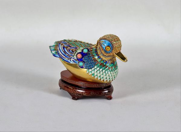 Small "Duck" sculpture in 925 Sterling silver with polychrome enamel applications