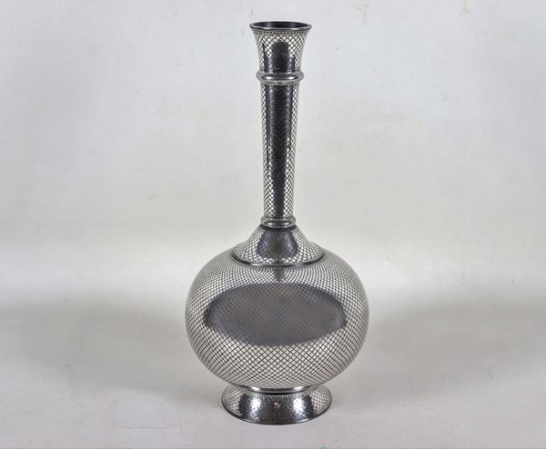 Oriental vase in bronze with silver decorations with geometric motifs
