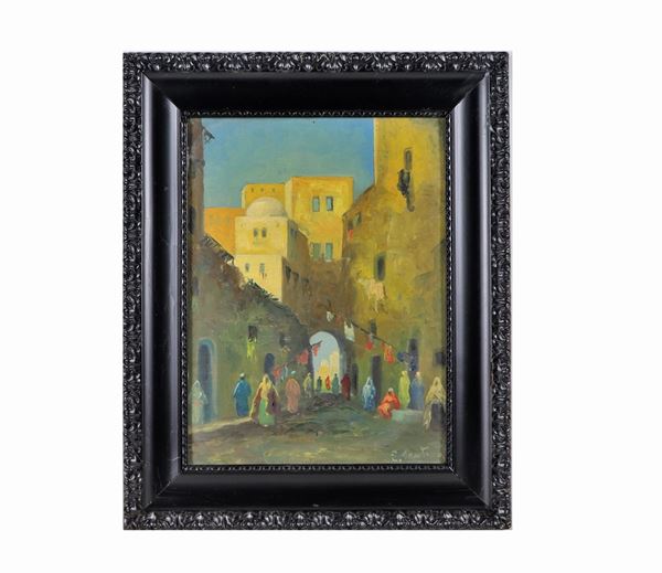 Pittore Italiano Inizio XX Secolo - Signed. "Arab village alley" painted in oil on plywood