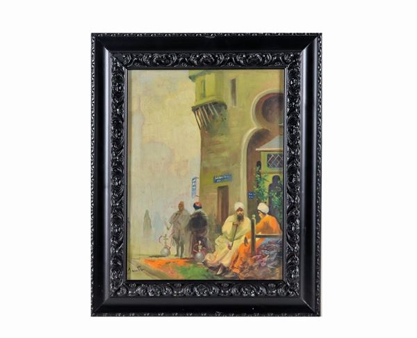 Pittore Italiano Inizio XX Secolo - Signed. "Arabs smoking a hookah" painted in oil on plywood