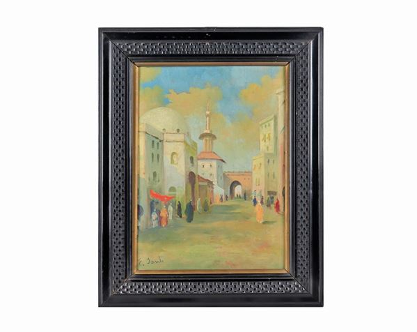 Pittore Italiano Inizio XX Secolo - Signed. "View of an Arab city" painted in oil on plywood