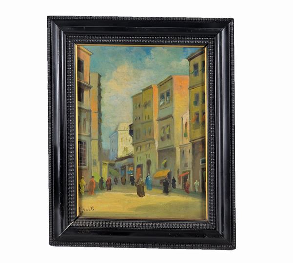 Pittore Italiano Inizio XX Secolo - Signed. 'View of an Arab town square' oil painting on conpensato