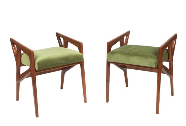 Pair of walnut stools attributed to Gio Ponti, green velvet cover