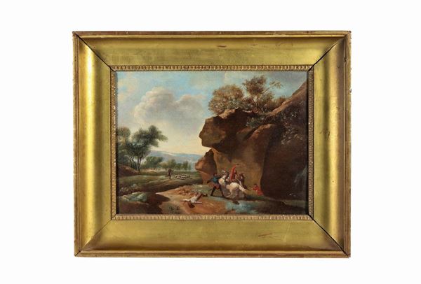 Pittore Francese Fine XVIII - Inizio XIX Secolo - "Landscape with the ambush of the brigands to the knight" small oil painting on canvas