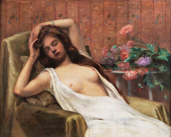 Michel Simonidy - Firmato. "Nudo di giovane donna e mazzo di fiori" luminoso dipinto ad olio su tela di ottima esecuzione pittorica