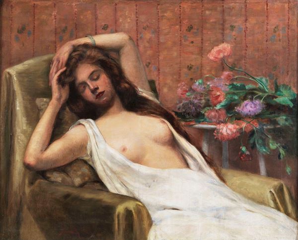 Michel Simonidy - Signed. "Young woman nude and bunch of flowers" bright oil painting on canvas of excellent pictorial execution