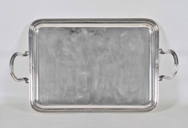 Rectangular silver tray with two handles and embossed edge gr. 1180