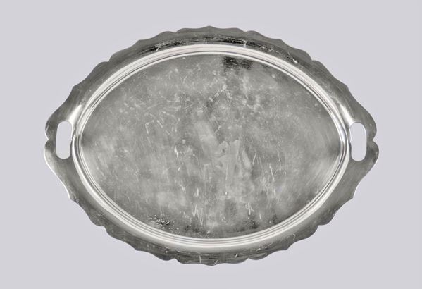 Large oval-shaped English sheffield tray with two handles and ribbed edge