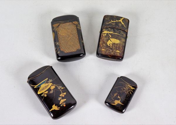 Lot of three business card holders in lacquer with gilt decorations and a tortoiseshell box with gilt decorations