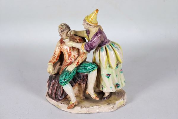 "The drunkard and the innkeeper" group in polychrome porcelain and enamelled earthenware from Bassano
