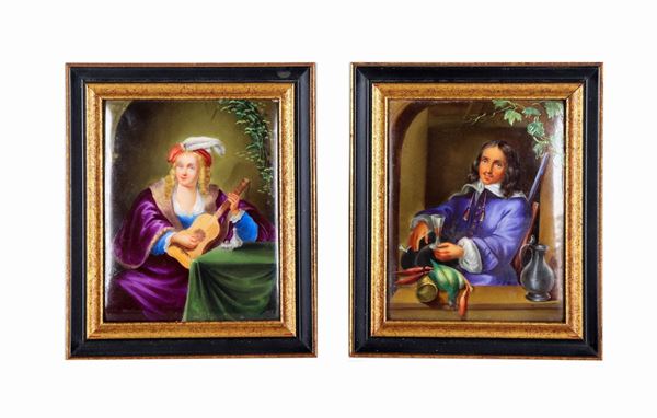 Pair of small enamelled and painted porcelain plaques "Hunter" and "Girl with guitar"