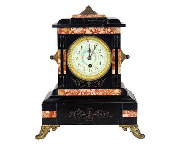 Table clock in the shape of a small temple in black Belgian marble and brecciated marble