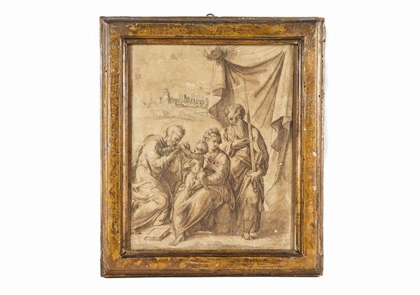 Scuola Italiana Fine XVII - Inizio XVIII Secolo - 'Sacra Famiglia' antica piccola acquaforte su carta