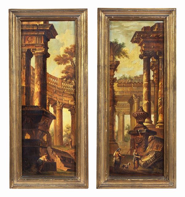 Scuola Italiana Inizio XIX Secolo - "Architetture con ruderi e viandanti" coppia di dipinti ad olio su tavola