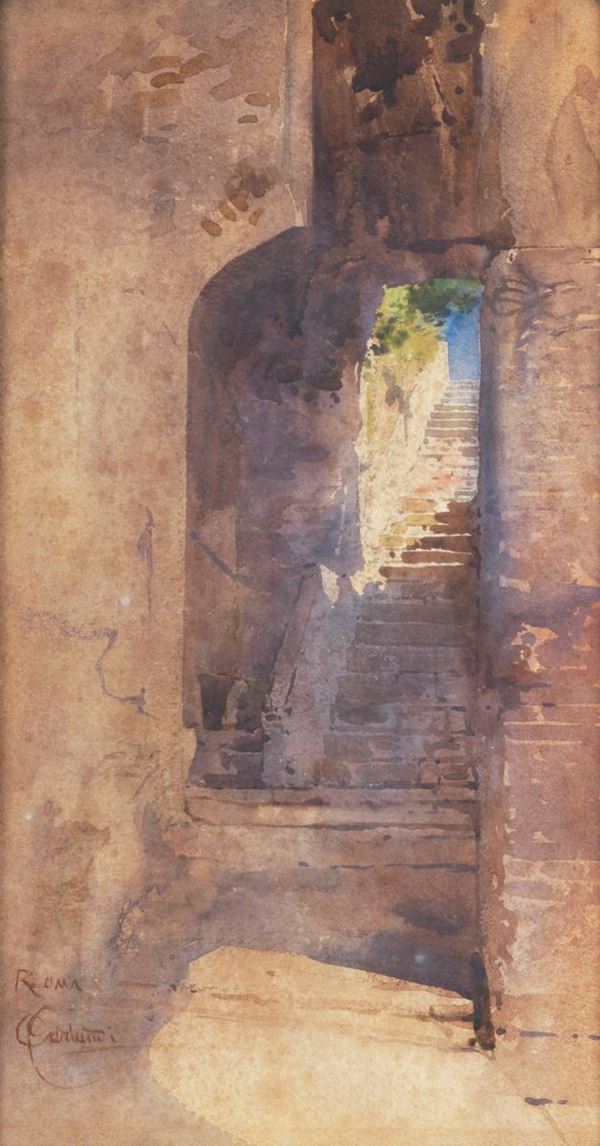 Onorato Carlandi - Signed and registered in Rome. "Cryptoporticus on the Palatine Hill where Caligula was murdered" watercolor on paper