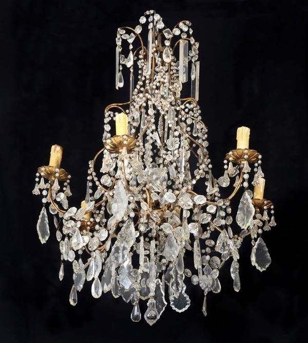 Golden metal chandelier with crystal prisms and beads, 7 lights