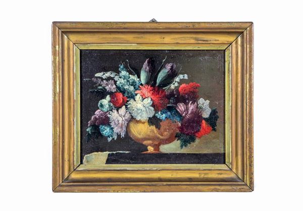 Pittore Italiano Inizio XIX Secolo - "Natura morta con mazzo di fiori e vaso" piccolo dipinto ad olio su tela