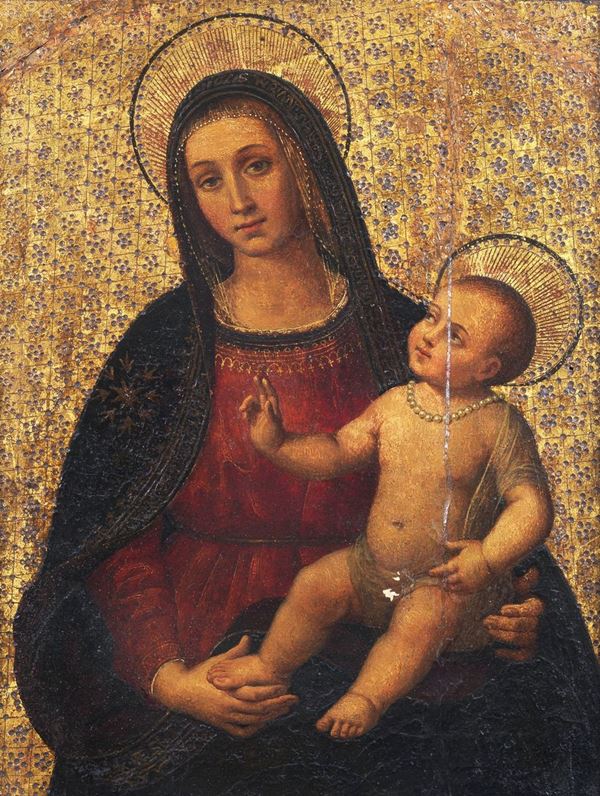 Scuola Toscana XVI Secolo - "Madonna con Bambino" dipinto ad olio su tavola a fondo oro di ottima esecuzione pittorica