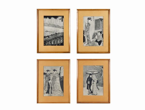Lot of four ancient small Japanese prints "Scenes of oriental life with characters"