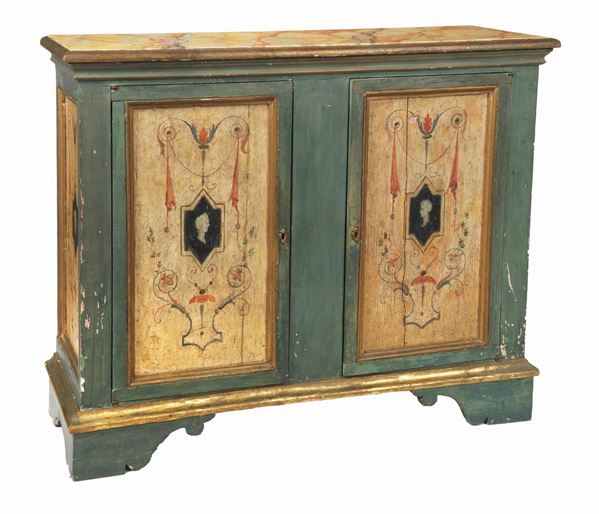 Ancient Marche sideboard in green and ivory lacquered wood with painted decorations with neoclassical motifs