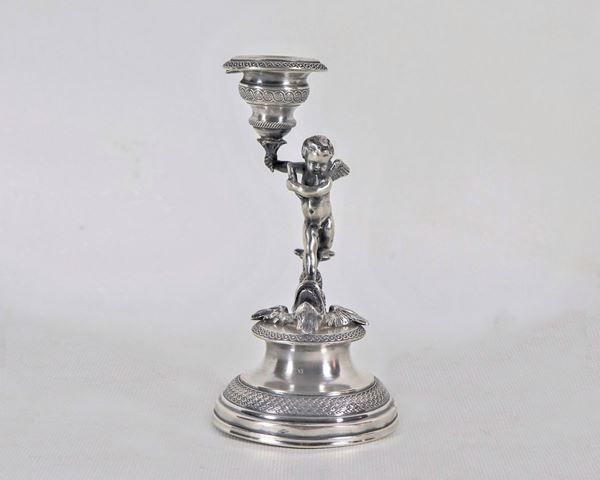Roman silver candle holder with sculpture of "Putto with dolphin" Master Silversmith Giuseppe Pocaterra (1868-1872) gr. 120