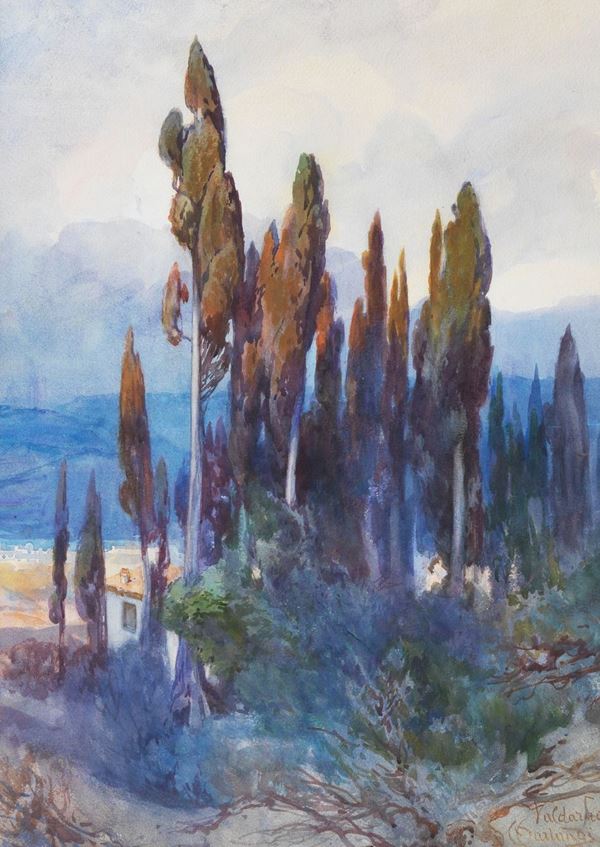 Onorato Carlandi - Signed. "View of the Valdarno" watercolor on paper