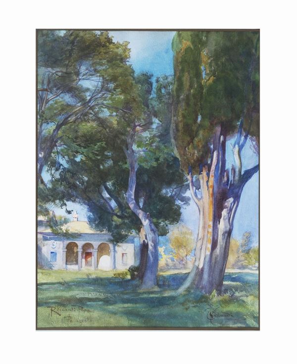 Onorato Carlandi - Signed. "View of the Convent of Santa Maria ad Nives of Palazzolo in Rocca di Papa" watercolor on paper