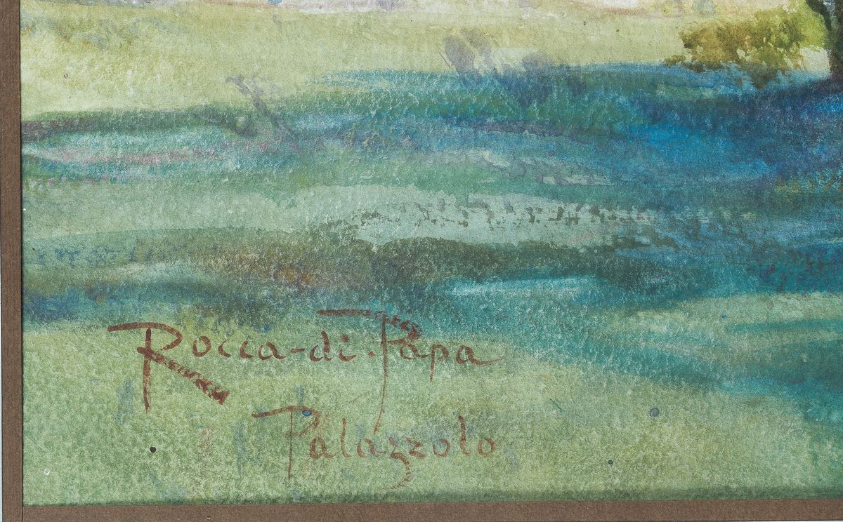 Firmato. "Veduta del Convento di Santa Maria ad Nives di Palazzolo a Rocca di Papa" acquarello su...