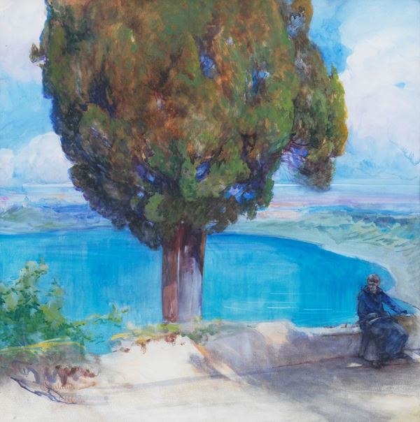 Onorato Carlandi - Signed. "View of Lake Albano" watercolor on paper