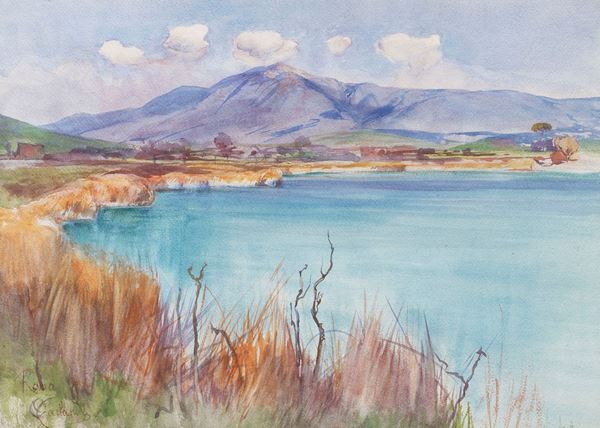 Onorato Carlandi - Signed. "View of the Roman countryside with the Aniene" watercolor on paper