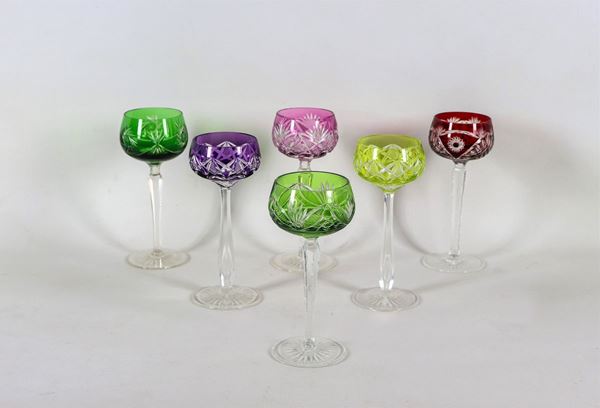 Six cup glasses in Bohemian crystal engraved in various colors