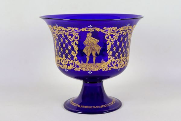 Cobalt blue blown Murano glass cup with pure gold decorations
