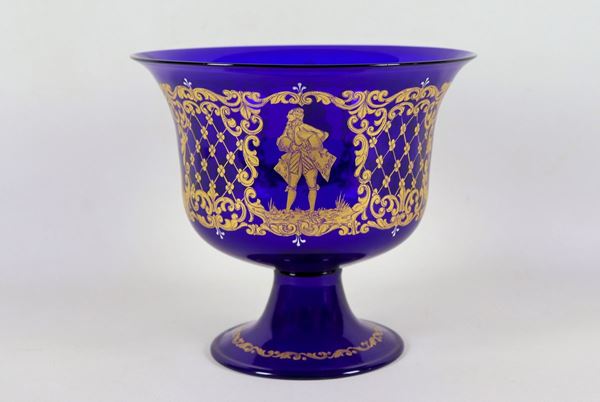 Coppa in vetro soffiato di Murano blu cobalto con decori in oro zecchino
