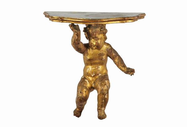 Wall shelf in gilded wood with putto sculpture and arched top