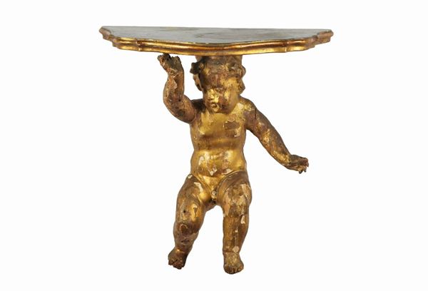Mensola da muro in legno dorato con scultura di putto e piano centinato
