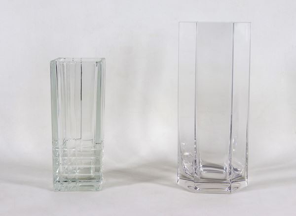Lot of two glass and crystal flower vases, one hexagonal and one square