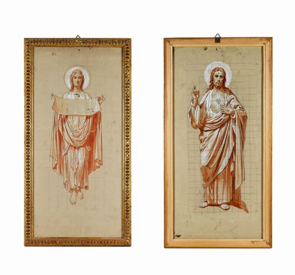 Eugenio Cisterna - Firmato. "Angelo" e "Sacro Cuore di Gesù" disegno su carta a sanguigna, acquarello e biacca su ambo i lati