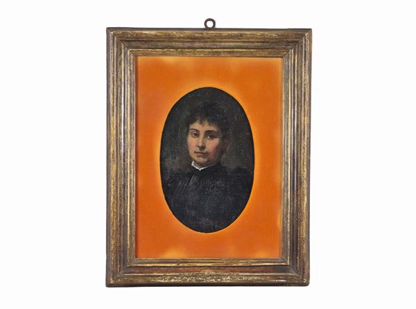 Eugenio Cisterna - "Ritratto di Emilia Cisterna" piccolo dipinto ad olio su tela a forma ovale
