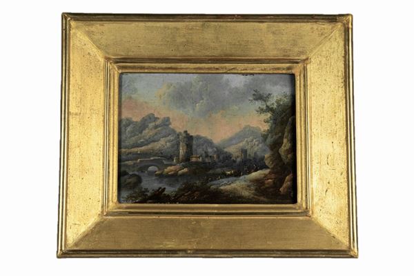 Pittore Fiammingo Inizio XVIII Secolo - &quot;River landscape with castle and shepherds&quot;